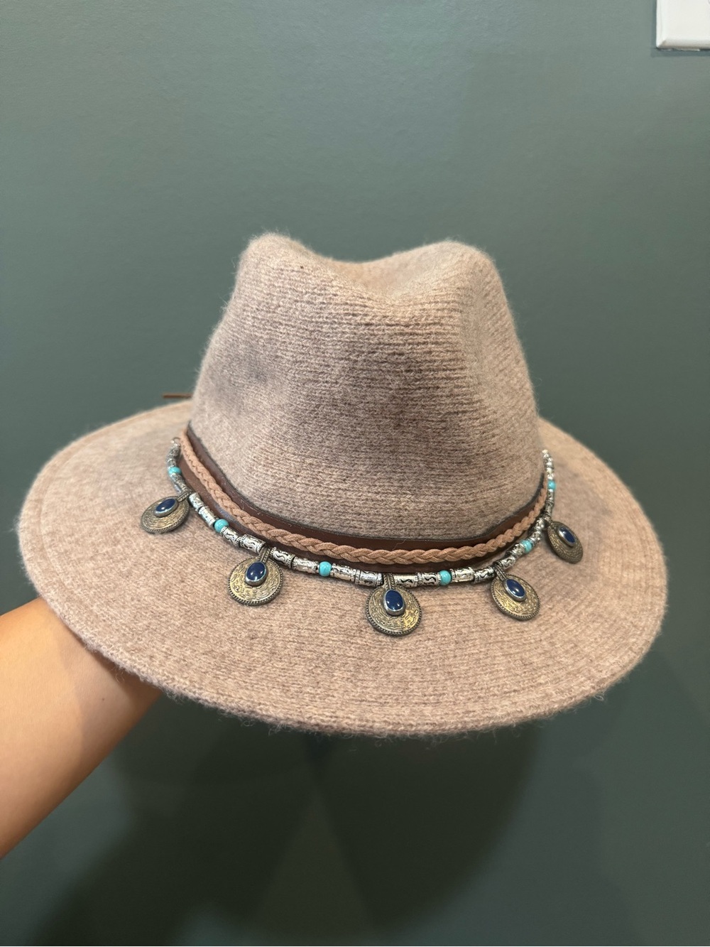 Altar'd State Beige Hat with Beaded Medallion Trim